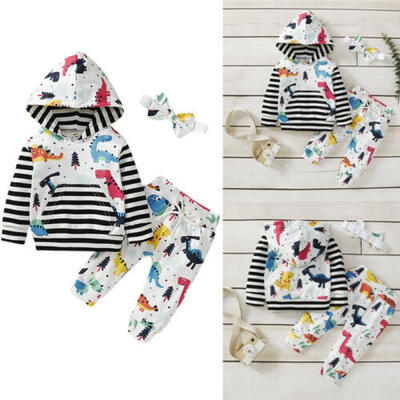 

New Baby Boy Dinosaur Striped Hoodie Tops Pants Outfits Sweatshirt Tracksuit