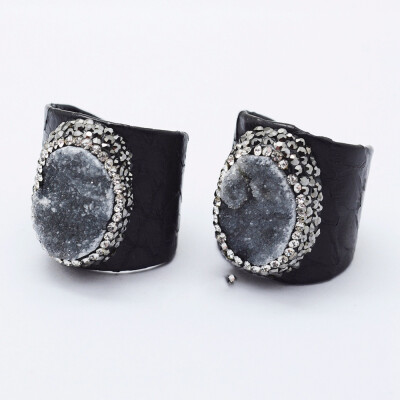 

Handmade Snakeskin Genuine Leather Cuff Rings with Polymer Clay Czech Rhinestone&Druzy Quartz Adjustable Oval Black 215m