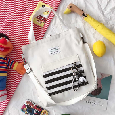 

Women Canvas Handbag Stripped Pattern Tote Pouch Students Casual Shoulder Bag