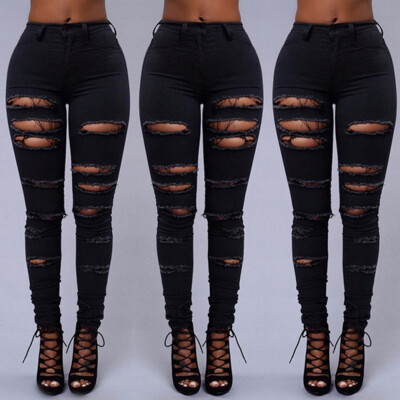 

Tailored Women Mid Waisted Skinny Hole Denim Jeans Stretch Slim Pants Calf Length Jeans