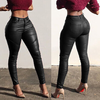 

Womens Stretch High Waist Pencil Pants Skinny PU Leather Leggings Trousers