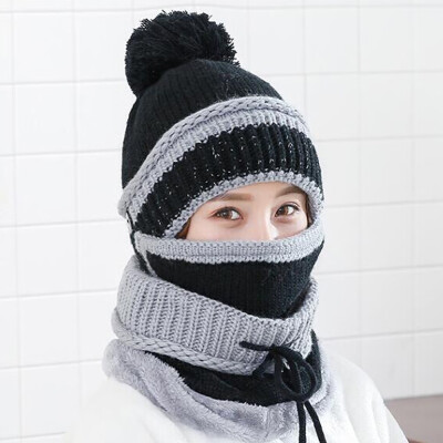 

Fashion Women Winter Beanies Knitted Hat Thickened Woolen Cap with Soft Warm Mask&Neck Scarf 3 Pieces Set