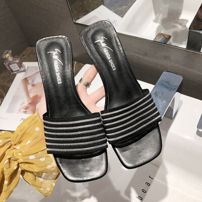 

Chic square-headed thick-heeled high-heeled slippers for women wearing Korean version of Baitao stripe sandals in summer