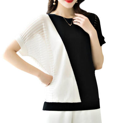 

Splicing Color Knitting Tees Tops Women Round Neck Batwing Sleeve T-shirts