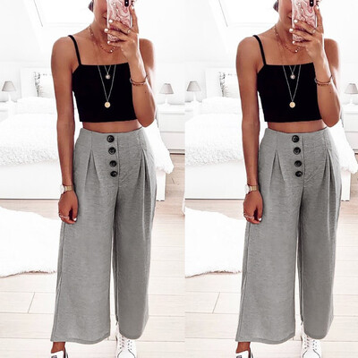 

Fashion Summer Women Solid Button Workout Beach Easy Loose Broad-legged Pants
