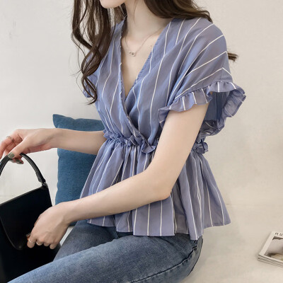 

Fashion Ruffles Blouse Women Summer Short Butterfly Sleeve Shirt Striped V-Neck Shirt Casual Tops