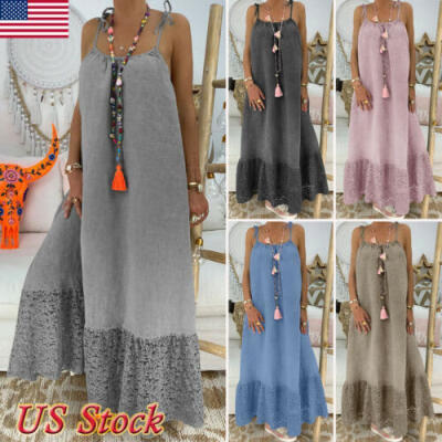 

US Women Cotton Linen Maxi Dress Sleeveless Casual Boho Kaftan Tunic Plus Size