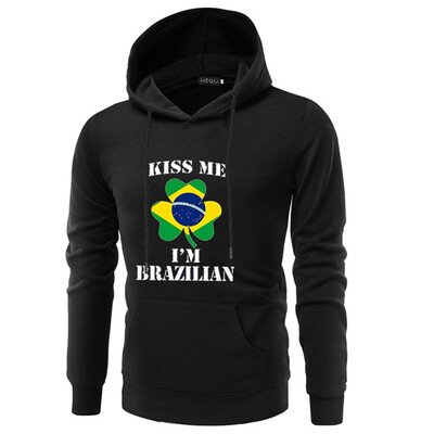 

Men Fashion Brazilian Flag Flower Shape And Letter Printed Hoodie Casual Long Sleeve Black Hooded Sweatshirt