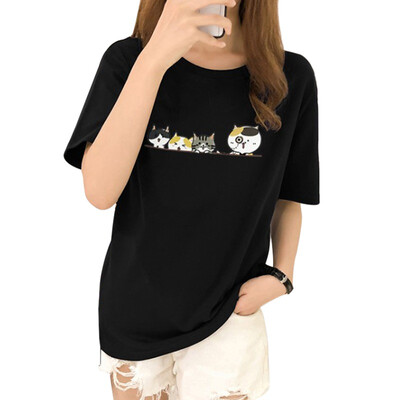 

T shirt Women Summer Four Little Cartoon Cat Print Short Sleeve O Neck Girl Tops Casual Loose Tee shirt Women Basic Daily