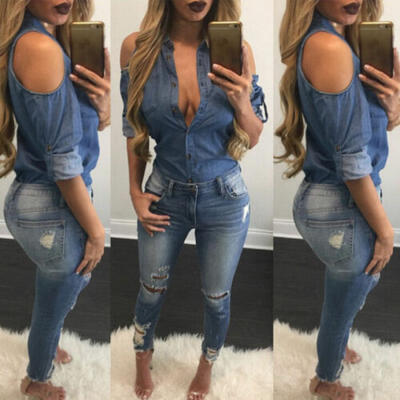 

New Fashion Women Denim Cold Shoulder Strapless Long Sleeve Shirt Casual Tops