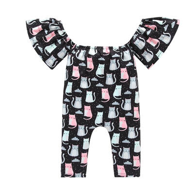 

Newborn Baby Girls Flying Sleeve Rompers Off Shoulder Cartoon Cats Jumpsuit