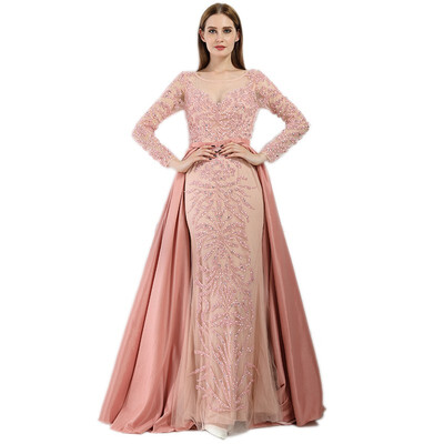 

Luxury Pink Mermaid Evening Dresses Emeradald Green Train Long Sleeves Beading Crystal Evening Gown 2018