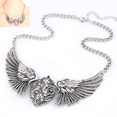 

Women\s Fashion Rhinestone Heart Angel Wings Statement Necklace Jewelry