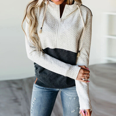

Tailored Womens Casual Long Sleeve Hooded Patchwork Zipper Casual Blouse Tops Sweatshirt