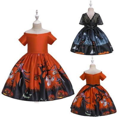 

Children Halloween Formal Dress Black Pageant Party Ball Gown Lace Sleeve Evening Costume Pumpkin Ghost Print Kids Girl Dresse