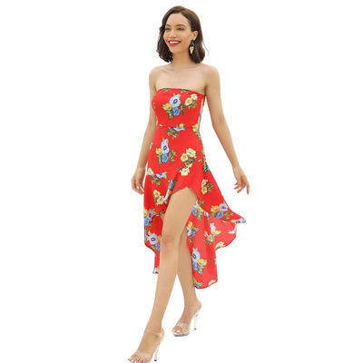 

Flower Print Dress Women Summer Irregular Strapless High Waist Dresses