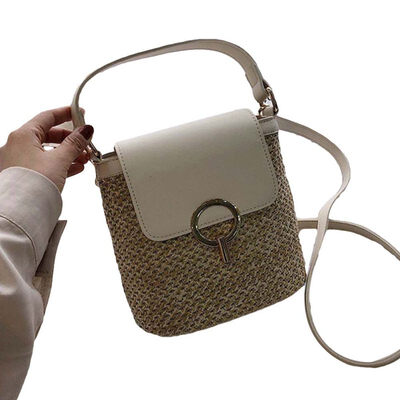 

Fashion Women Faux Leather Patchwork Beach Straw Tote Crossbody Sling Bucket Bag