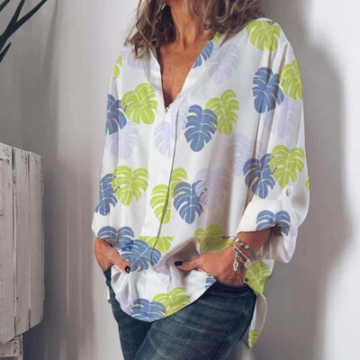 

Tailored Women Fashion V-Neck Leaf Print Long Sleeve Loose Casual Tops Shirt Blouse