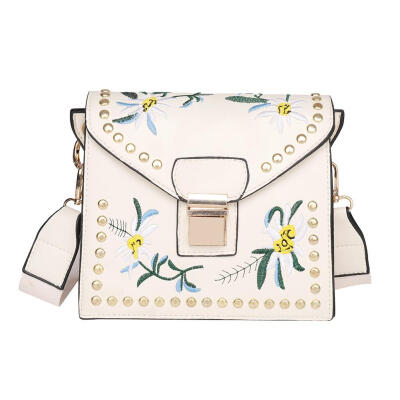 

Women Rivet Flower Embroideried Shoulder Bags Leather Flap Crossbody Bag