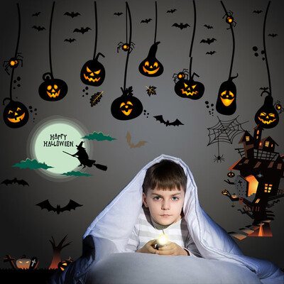 

Happy Halloween Wall Decals Pumpkins Spooky Cemetery Witch&Bats Tomb Wall Stickers for Halloween Decoration