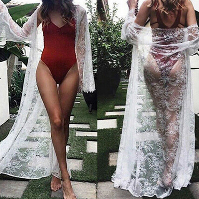 

Women Lace Kimono Bikini Cover Up Cardigan Long Sleeve Sunscreen Thin Coat Beach