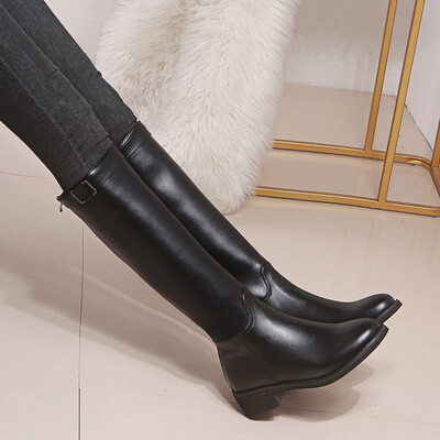 

High boots back zipper boots riding boots thin thin boots belt buckle boots women black shoes autumn&winter