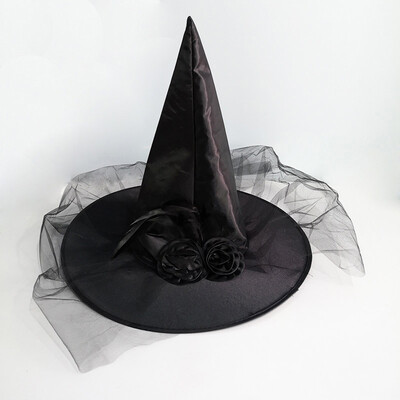 

Halloween Party Cos Props Portable Adult Ball Striking Mesh Witch Hat With Feather Rose Cos props witch hat