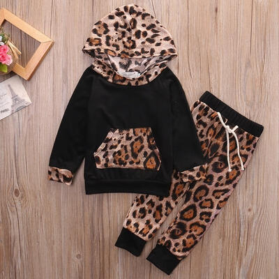 

2PCS Kid Baby Boys Girls Leopard Pullover Hooded Coat Pants Set Clothes Outfits