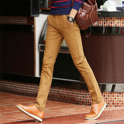

Mens Slim Fit Pants Causal Straight Plaid Cotton Trousers