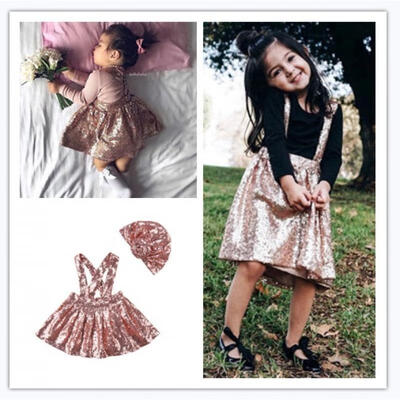 

Hot Toddler Kids Baby Girl Sequin Suspender Skirt Dress Overalls Outfits Hat Clothes