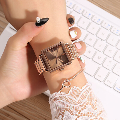 

Watch female square steel waterproof quartz watch female models simple small three needles
