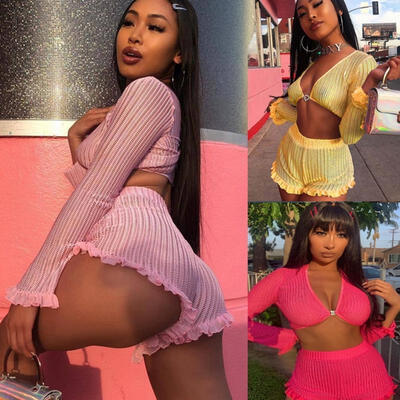 

Ruffled Mesh Trim Pink Shorts Set Two Piece Women Boho Knitted Crop Top&High Waist Booty Shorts Set Streetwear