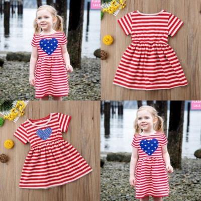 

Baby Kids Girls Short Sleeve Princess Dress Print Stripe One Piece Skirt Dress