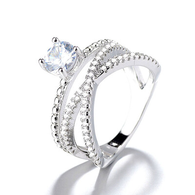 

European American Style Fashion Elegant Flash Silver Plated Cross Ring For Women Zircon Diamond Ring