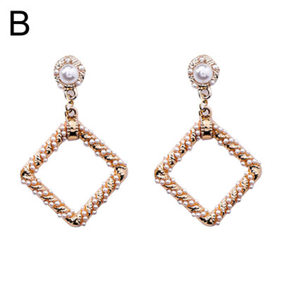 

Baroque Hollow Square Circle Faux Pearl Charm Stud Earrings Women Jewelry Gift