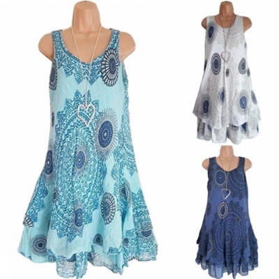 

Summer Women Boho Sleeveless Casual Loose Floral Mini Shirt Dresses Plus Size