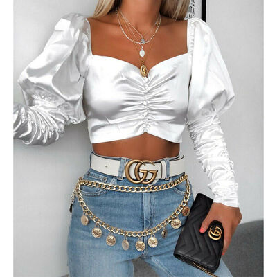 

Women Off Shoulder Puff Ruffle Long Sleeve Shirt Casual Cami Blouse Crop Top