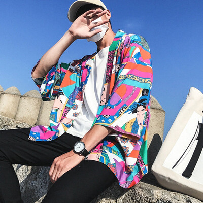 

Mens Japanese Kimono Casual Cardigan Half Sleeves Open Front Cloak Jacket Coat