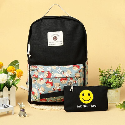 

Casual Women Girls Canvas Backpack Set Cartoon Print Emoji School Bag Cute Laptop Travel Bag