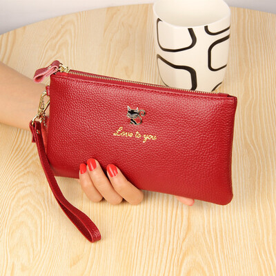

2019 new leather cat long wallet female Europe&the United States new ultra-thin lychee grain leather zipper hand wallet