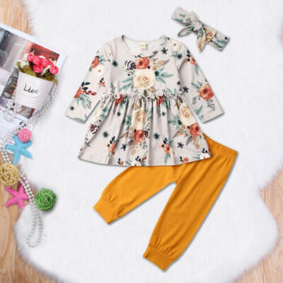 

3PCS Toddler Kids Baby Girl Long Sleeve Floral Tops Pants Headband Outfits Set