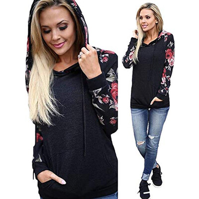 

Nomeni Women Casual Stand Printed Long Sleeve Pocket Drawstring Pullover Top Blouse