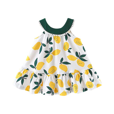 

Summer Girls Fruit Print Princess Cute Casua Doll Collarl Sleeveless Round Collar Sweet Dress For 12-24 Months