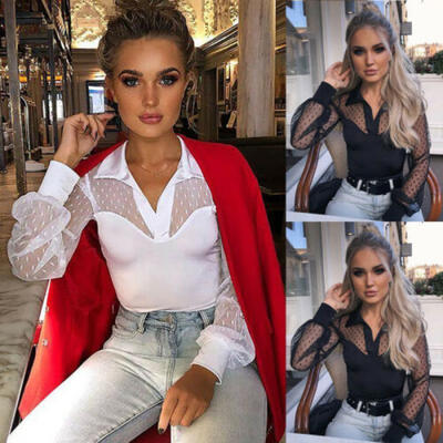 

Women Mesh Sheer See Through Long Sleeve Shirt Tops Ladies Loose Blouse T-Shirts