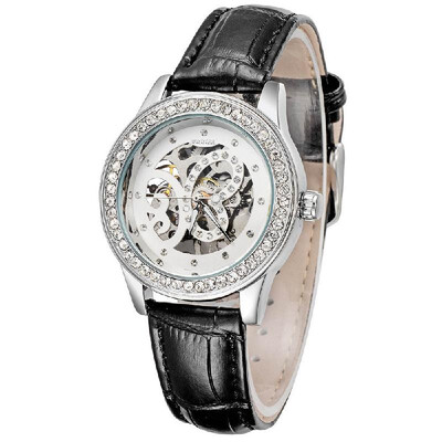 

WINNER Skeleton Hand-Winding Women Mechanical Wristwatch See-Through Butterfly Pattern Leather Strap Rhinestone Women Watch