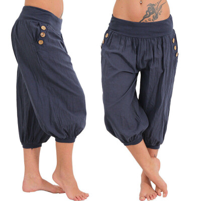 

Starmoon Women Summer Elastic Waist Boho Check Pants Baggy Wide Leg Plus Size Yoga Capris