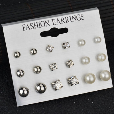 

EK412 9Pairsset New Simple Ball Big Small Simulated Pearl Crystal Flower Heart Stud Earrings Set Women Girl Fashion Jewelry