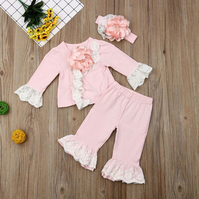 Newborn Baby Girl Lace 3D Flower Tops Long Pants Sleeping BagHeadband Outfits