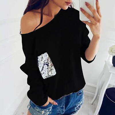 

Nomeni Women Fashion Long Sleeve T-Shirt Loose Blouse Sequin Stitching Tops