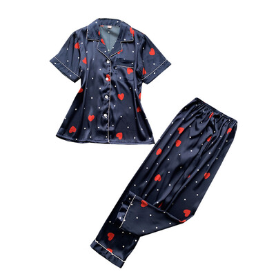 

Toponeto Women Simulation Silk Print Pajamas Sleepwear Long Trousers Nightwear Set